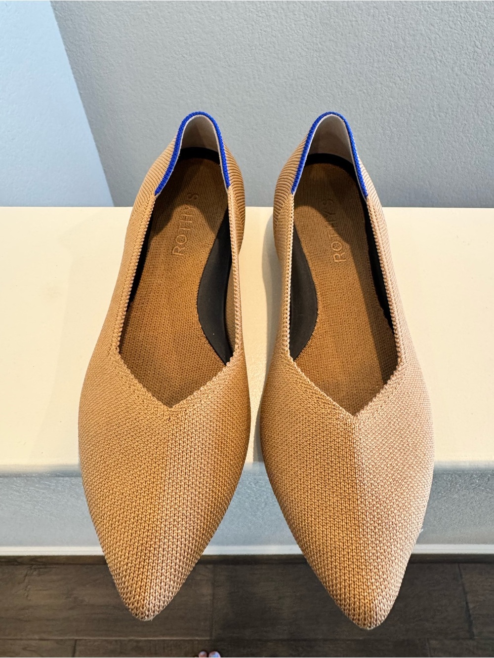 Rothy's Camel Brown Pointed Toe Flats with Blue Trim - Picture 5 of 7